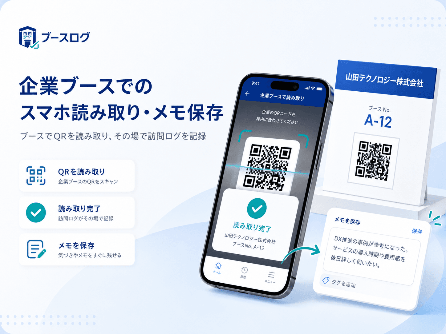 企業ブースでQRを読み取り、訪問記録とメモを保存する画面のイメージ