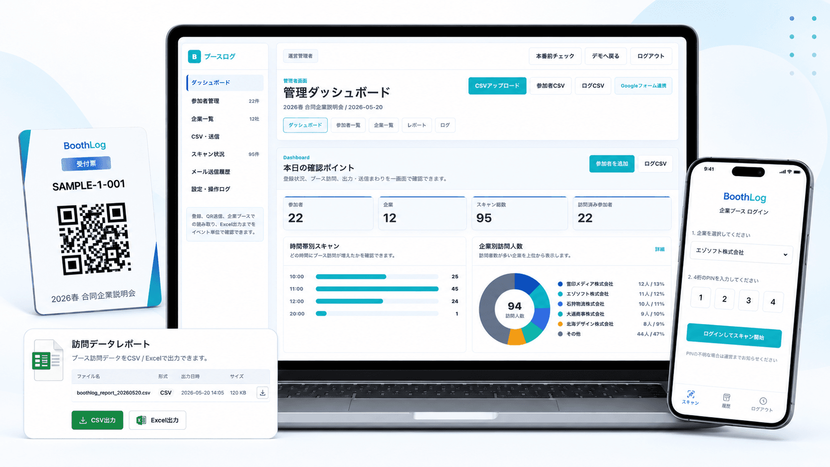 BoothLogの参加者・企業・イベント管理画面のイメージ